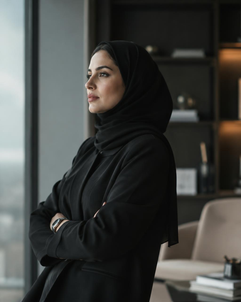 Businesswoman looking out of an office window
