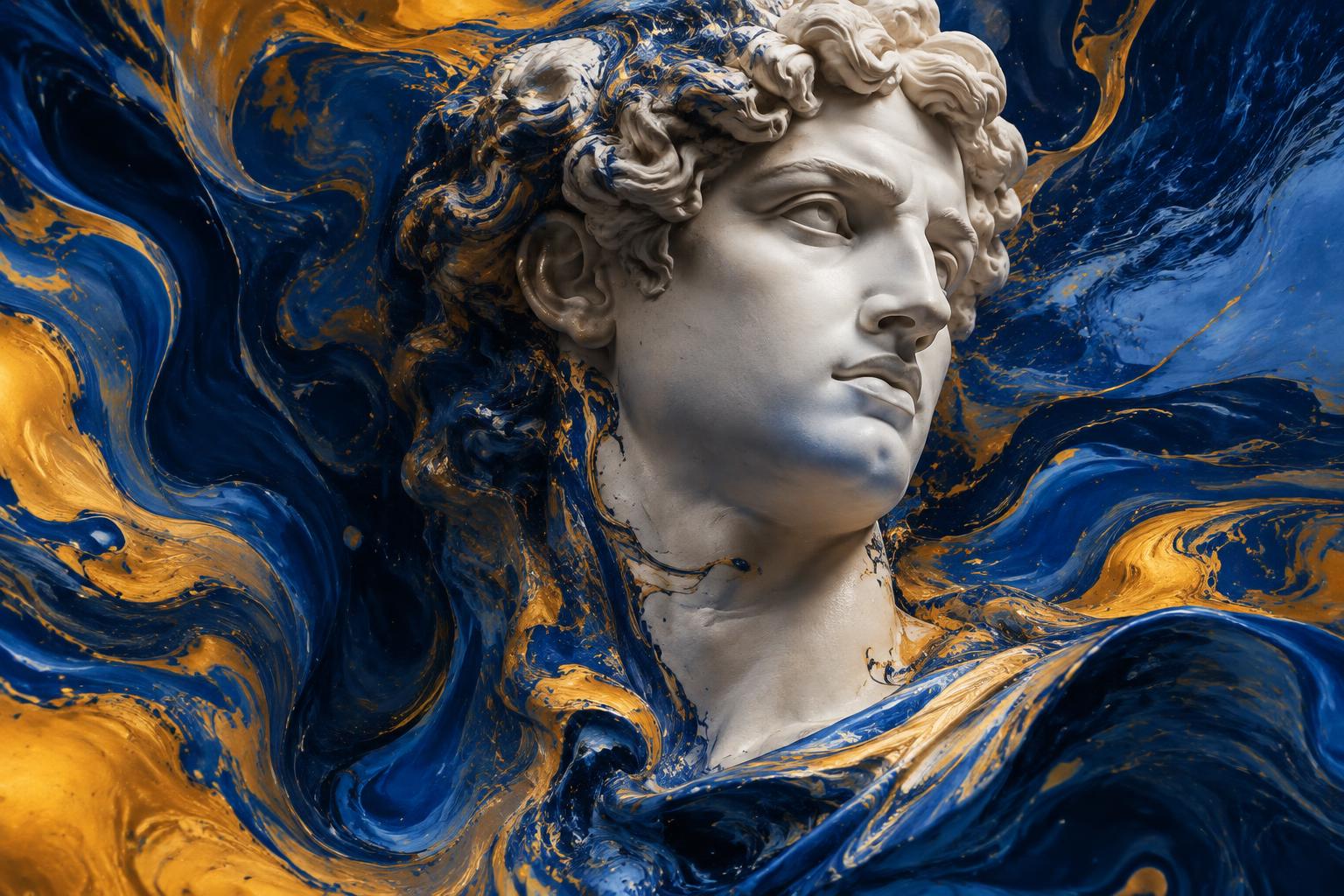 Marble bust in swirling blue and gold paint
